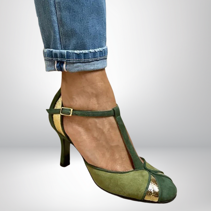 Taviana | Patchwork Heels with T-Strap and Closed Toe