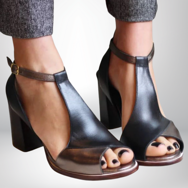 Nadaria | Black Patchwork Peep Toe Heels