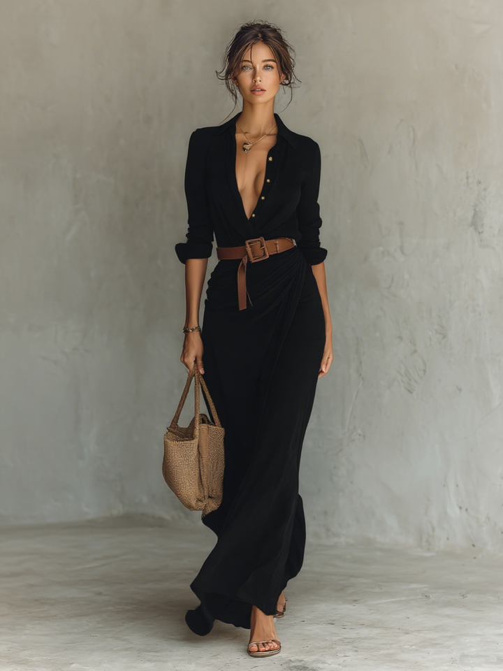Long Maxi Dress with Lapel Collar – Belt Included