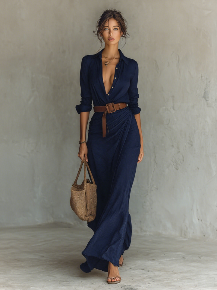 Long Maxi Dress with Lapel Collar – Belt Included