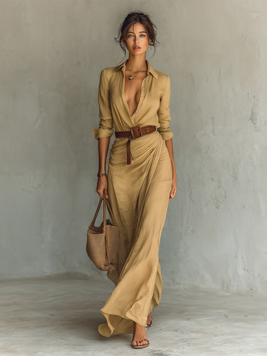 Long Maxi Dress with Lapel Collar – Belt Included