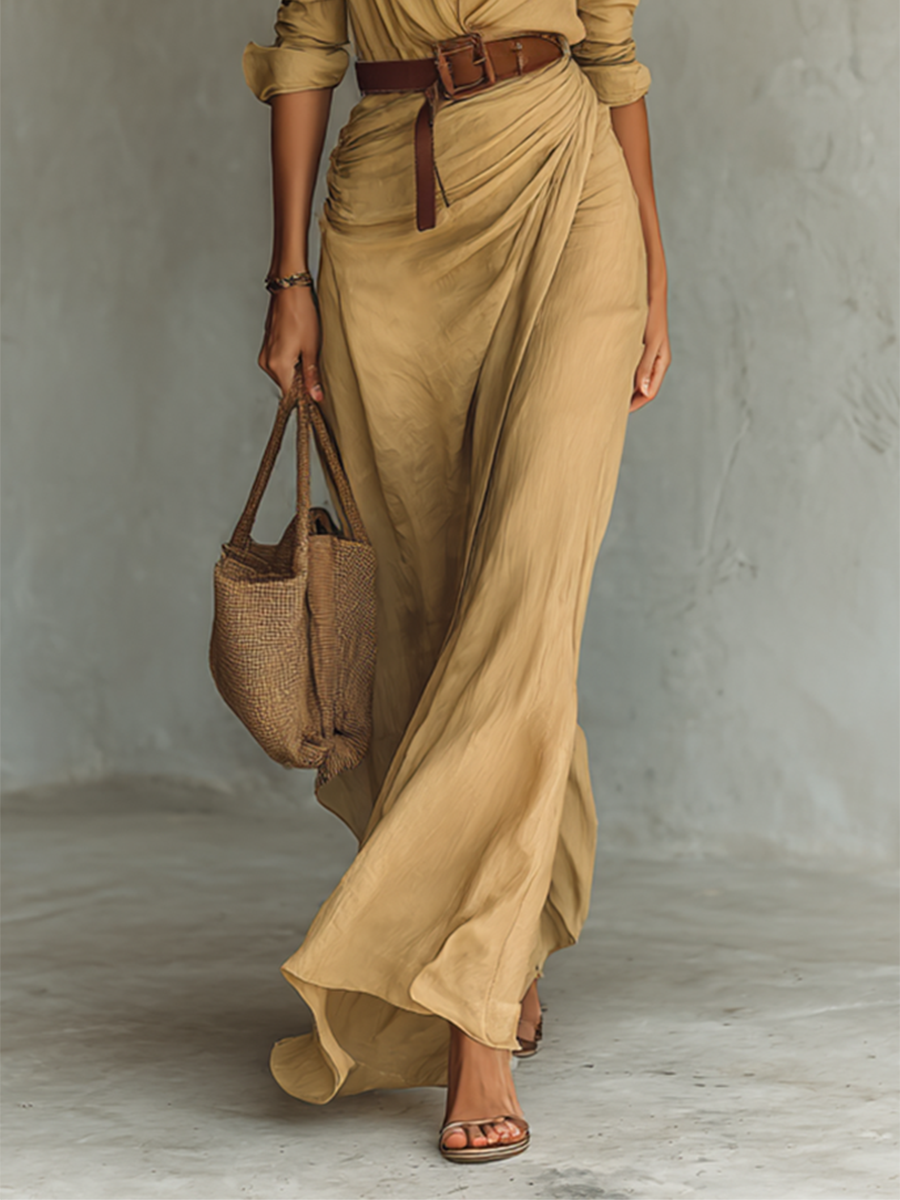 Long Maxi Dress with Lapel Collar – Belt Included
