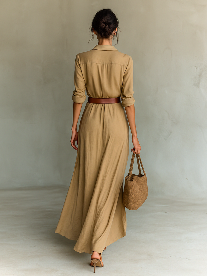 Long Maxi Dress with Lapel Collar – Belt Included